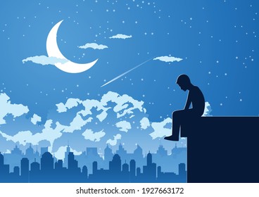 Silhouette design of lonely young man on silent night at the top of building,vector illustration