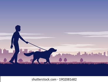 silhouette design of man walk the dog,vector illustration