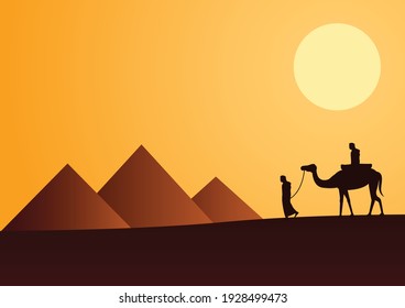 Silhouette design of men and camel walking across desert,vector illustration