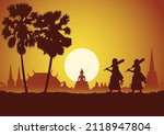 Silhouette design of monk hiking walk to discover the peace and truth,vector illustration