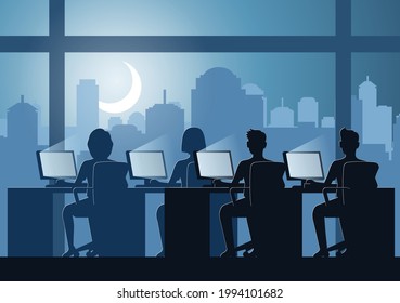 Silhouette design of office workers doing works over time at night,vector illustration