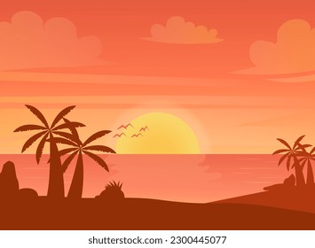silhouette design of palm tree in orange light of sunset on wide sky.vector illustration design.