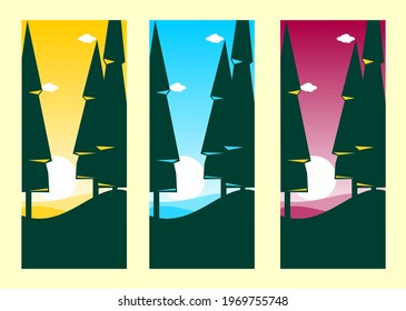 silhouette design of pine forest scenery with a colorful sunset background