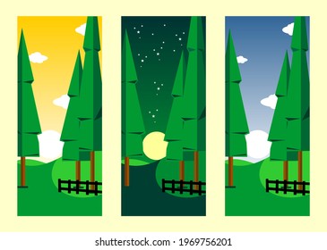 Silhouette design of pine forest scenery with colorful sunset day and night as the background