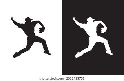 The silhouette design of a player throwing a baseball in black and white.