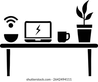 Silhouette design of a remote work desk with a laptop coffee mug and plant