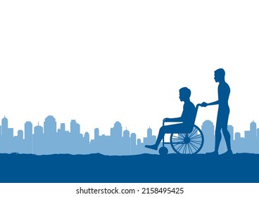 silhouette design of son carry his father that sit in the wheelchair ,vector illustration