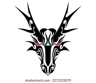 a silhouette design of a tattoo or symbol of a black dragon head with two horns that are sharp and sharp and two eyes that are bright red