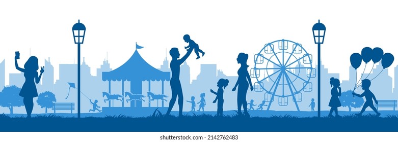 silhouette design of theme park ,people happy and fun with them,vector illustration