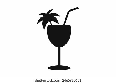 Silhouette design of a tropical cocktail glass with umbrella decoration. Icon of beach drink. Black illustration isolated on white background. Print, logo, pictogram. Concept of vacation, beach drinks