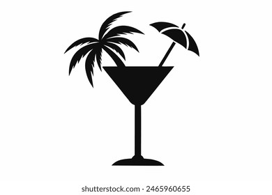 Diseño de silueta de un vaso de cóctel tropical con decoración de paraguas. Icono de la bebida de playa. Ilustración negra aislada sobre fondo blanco. Impresión, logotipo, pictograma. Concepto de vacaciones, bebidas de playa