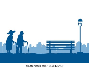 silhouette design of two old couple walk in the pak ,vector illustration
