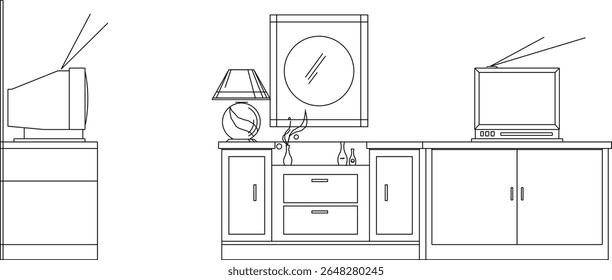 silhueta design vetor ilustração esboço detalhe mobiliário mesa altar oferendas clássico vintage étnica tradicional prateleira de televisão sala de estar