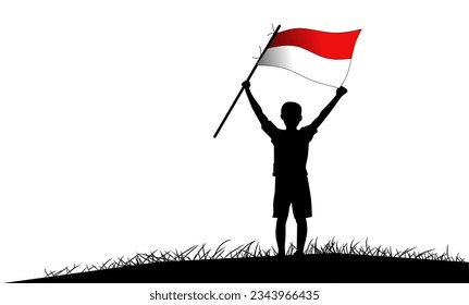 Imagen vectorial de diseño de silueta, un niño pequeño levanta ambas manos mientras sostiene la bandera indonesia 