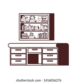 silhouette of desk and shelving with stack of books