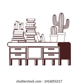 silhouette of desk with stack of books on white background