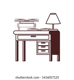 silhouette of desk with stack of books on white background