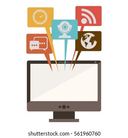 silhouette with desktop computer with icons dialogue of social networks