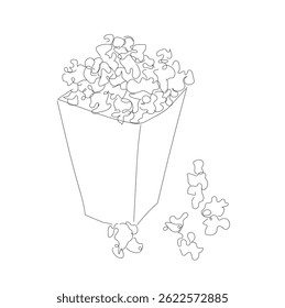 Silhouette of dessert holiday snack corn. One line continuous cinema popcorn symbol concept. Hand made vector not Al