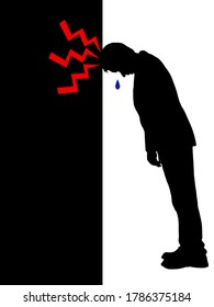 Silhouette of a destitute man leaning his head against a wall. Vector illustration. 