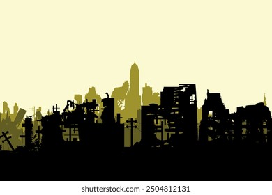 Silhouette of a destroyed city. Acid colors. Vector graphics.