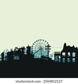 
Silhouette of a destroyed city after war or natural disasters. Vector graphics.