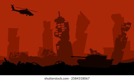 Silhouette of destroyed city in the battlefield landscape. Cityscape of aftermath war in the downtown area with city ruins. Vector illustration of urban apocalypse scene with helicopter and tank