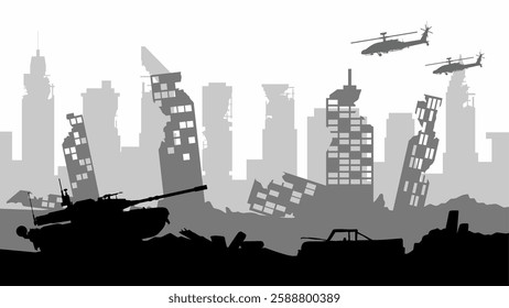 Silhouette of destroyed city in the battlefield landscape. Cityscape of aftermath war in the downtown area with city ruins. Vector illustration of urban apocalypse scene with helicopter and tank