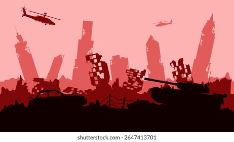 Silhouette of destroyed city in the battlefield landscape. Cityscape of aftermath war in the downtown area with city ruins. Vector illustration of urban apocalypse scene with helicopter and tank