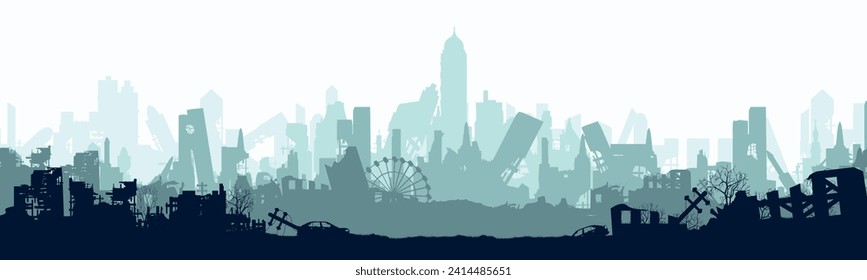 Silhouette of a destroyed city. Collapsed houses.
Ruined apartments. Vector