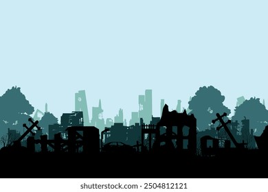 Silhouette of a destroyed city. Collapsed houses. Vector