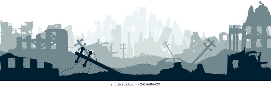 Silhouette of a destroyed city. Collapsedruined houses. Vector