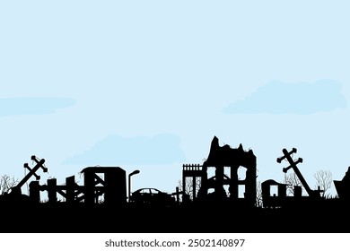 Silhouette of a destroyed city during the day. Collapsed houses after the war and earthquake. Vector