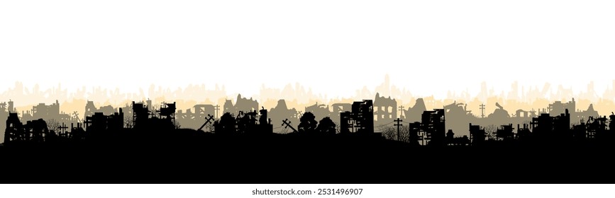 Silhouette einer zerstörten Stadt. Zerstörte Häuser. Vektorgrafik