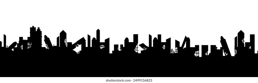 Silhouette of a destroyed city on a white background. Ruins after a war or earthquake, a disaster in the city. Vector.