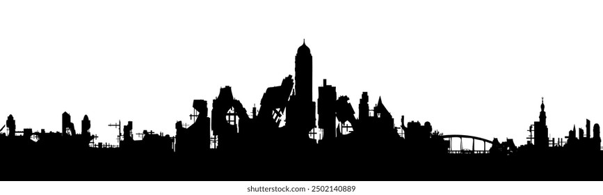 Silhouette of a destroyed city on a white background. War in the city. Vector.