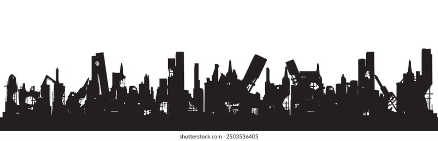 Silhouette of a destroyed city on a white background. Abandoned and destroyed buildings. Houses damaged by war or earthquake Vector.