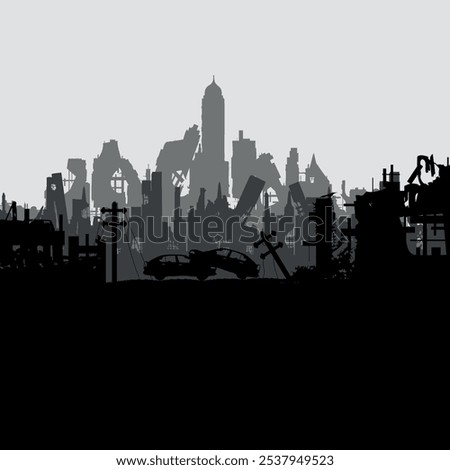 Silhouette of a destroyed city. Vector graphics.