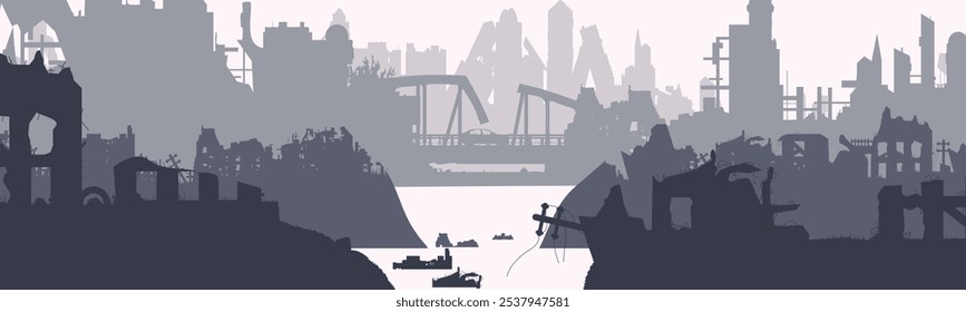 Silhouette einer zerstörten Stadt. Vektorgrafik