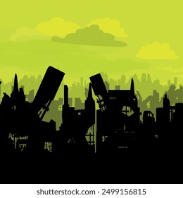 Silhouette of a destroyed city.City after war or natural disasters. Vector.