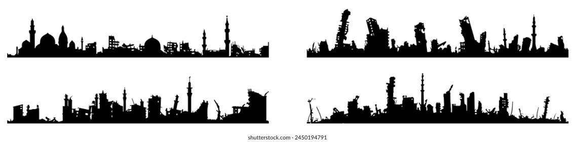 Silhouette of destroyed middle-east village. world war elements vector background.