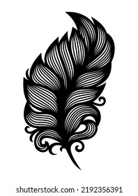 Silhouette of a detailed bird feather. Beautiful black decorative element isolated on white background.  Coloring book, tattoo or print. The theme of nature, plants, leaves.  Vector illustration.