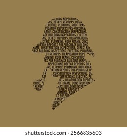 A silhouette of a detective, composed of repeated text related to building inspections and defect reports