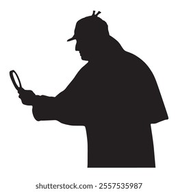 Silhouette of detective investigate is following footprints. Vector illustration. Black painting on a white background. Detective logo