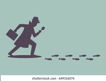 Silhouette of detective investigate is following footprints. Vector illustration