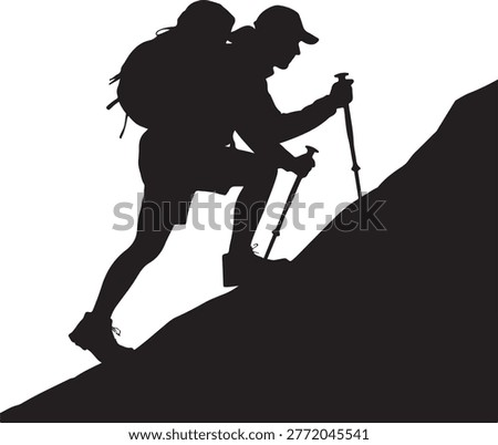 Silhouette of a determined hiker ascending a steep mountain path with poles symbolizing challenge and peak achievement