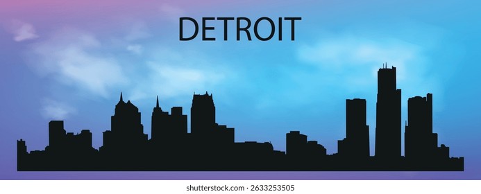 a silhouette of the Detroit, Michigan skyline with a characteristic panorama of skyscrapers against a blue sky with clouds.