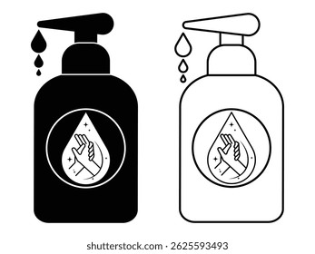 Silhouette of Dettol, sanitizer, hand wash bottle vector symbol. Sanitizer bottle icon, vector. Set of cosmetic , antibacterial, wash,  liquid soap, gel bottles with stroke. Vector illustration.