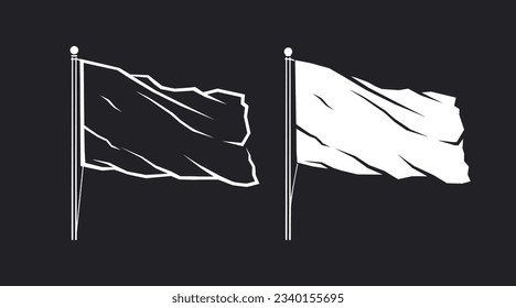 Silhouette of a developing flag. Black and white image. White flag on black background.