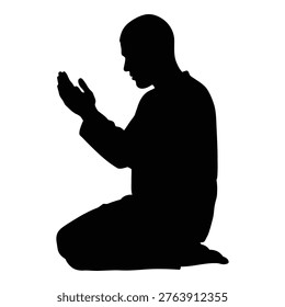 Silhouette of a devout Muslim man kneeling in prayer with hands raised and palms facing upwards in a gesture of supplication and devotion to God during religious observance